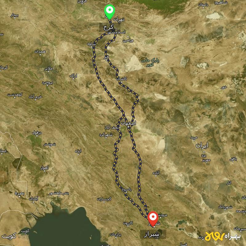 مسافت و فاصله شیراز تا کرج از ۳ مسیر - مرداد ۱۴۰۳