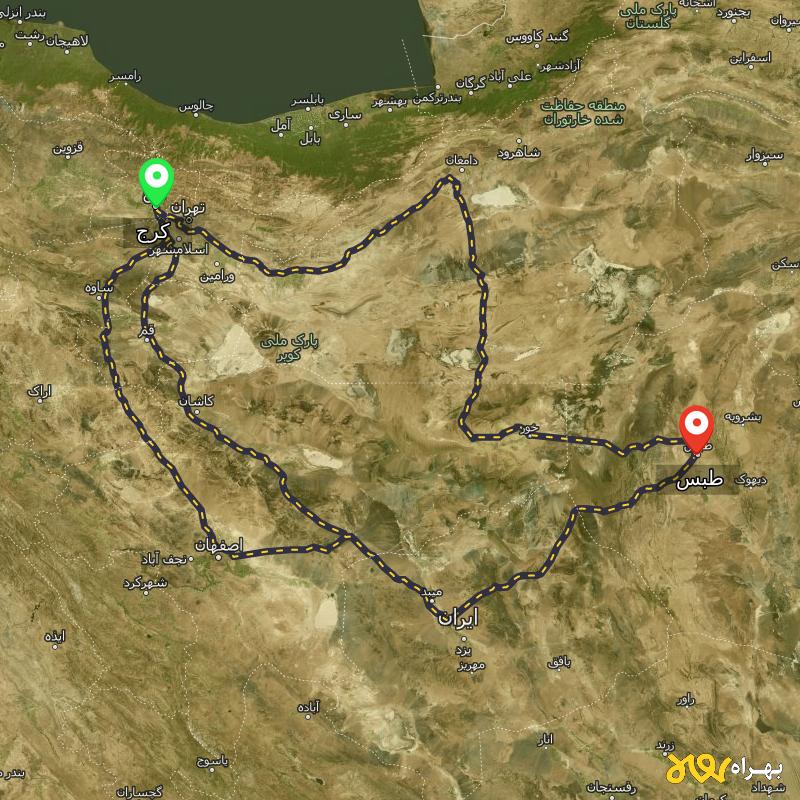 مسافت و فاصله طبس - خراسان جنوبی تا کرج از ۳ مسیر - آذر ۱۴۰۳