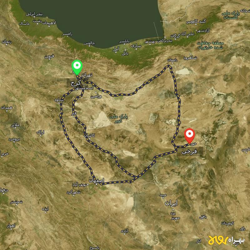 مسافت و فاصله فرخی - اصفهان تا کرج از ۳ مسیر - آذر ۱۴۰۳