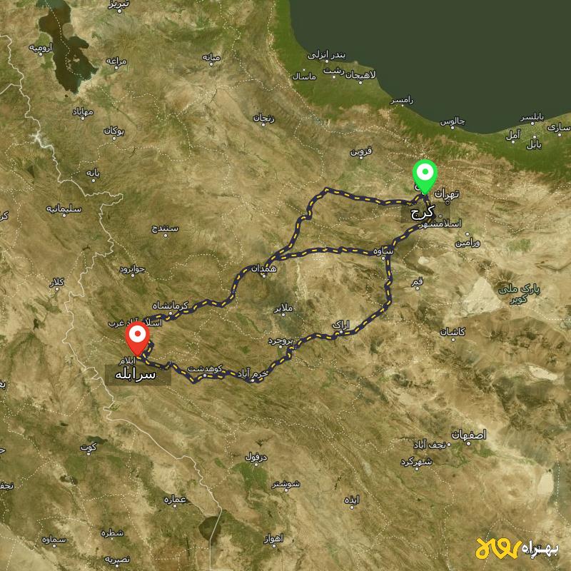 مسافت و فاصله سرابله - ایلام تا کرج از ۳ مسیر - آذر ۱۴۰۳