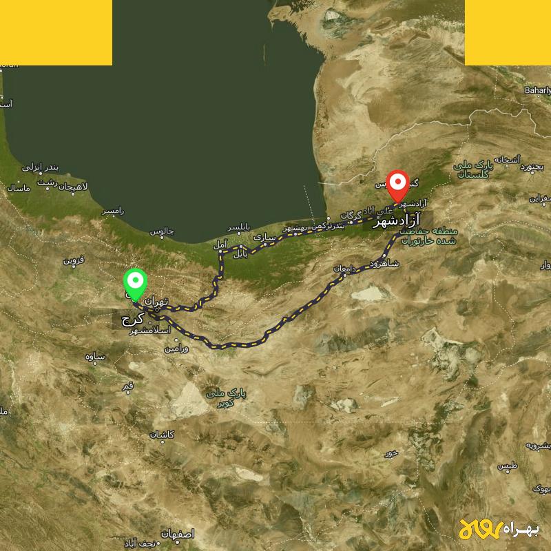 مسافت و فاصله آزادشهر - گلستان تا کرج از ۲ مسیر - دی ۱۴۰۳