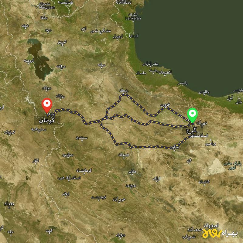 مسافت و فاصله کوخان - کردستان تا کرج از ۳ مسیر - مرداد ۱۴۰۳