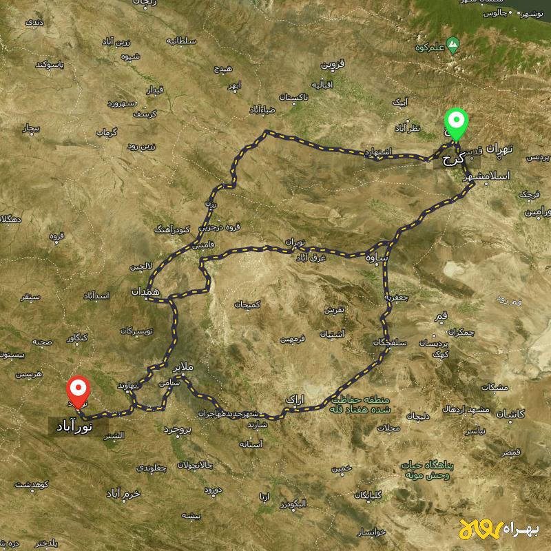 مسافت و فاصله نورآباد - لرستان تا کرج از ۳ مسیر - آذر ۱۴۰۳