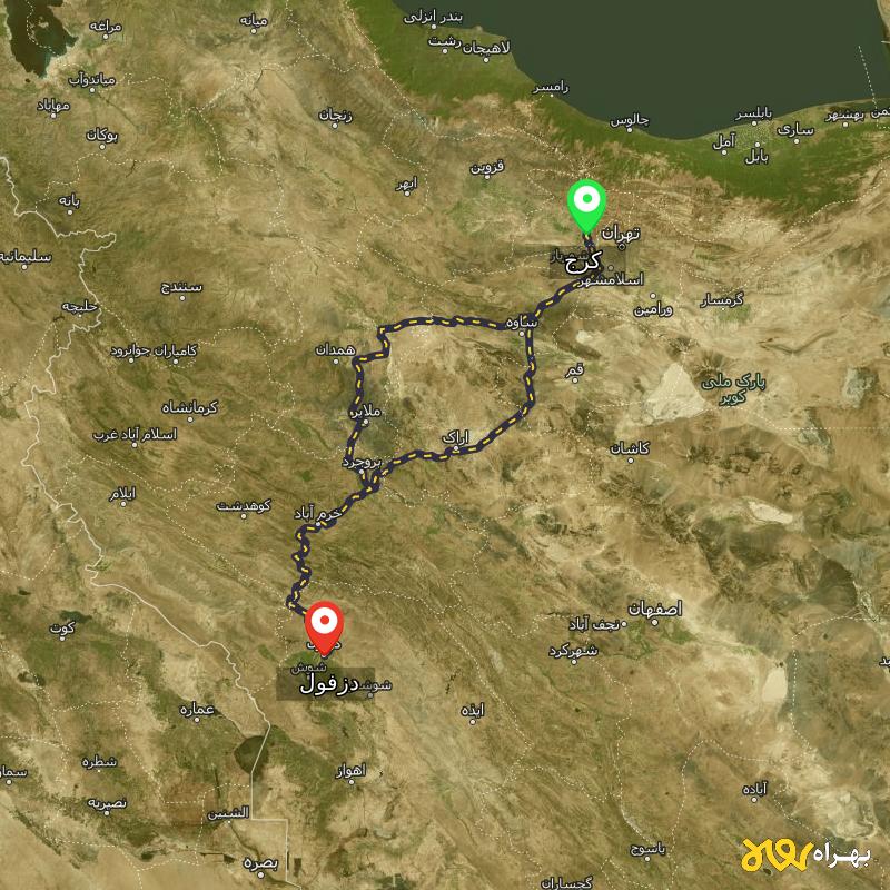 مسافت و فاصله دزفول تا کرج از ۲ مسیر - اردیبهشت ۱۴۰۳