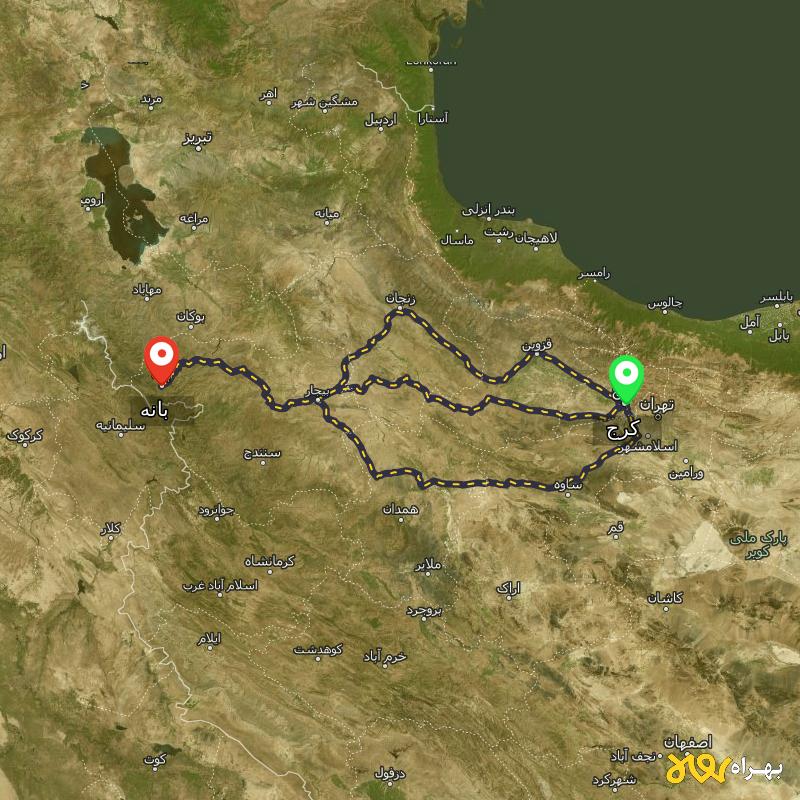مسافت و فاصله بانه - کردستان تا کرج از ۳ مسیر - دی ۱۴۰۳