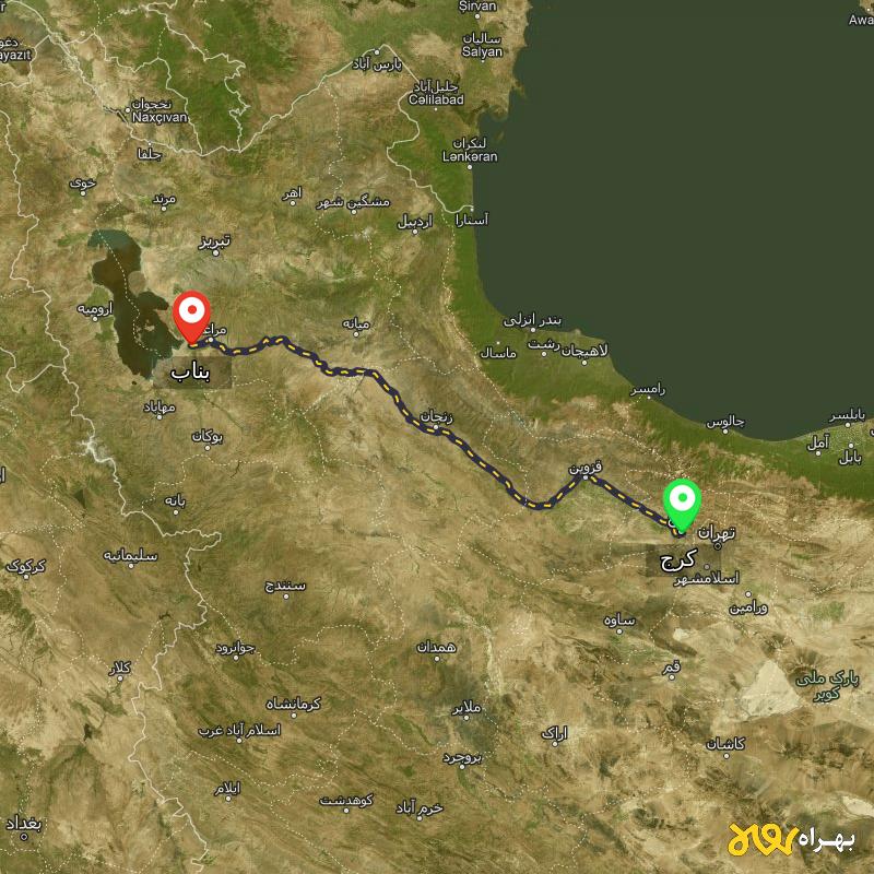 مسافت و فاصله بناب - آذربایجان شرقی تا کرج - مهر ۱۴۰۳