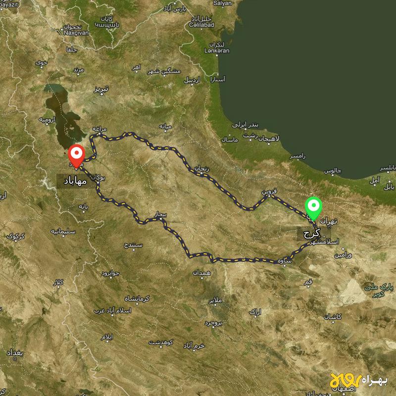مسافت و فاصله مهاباد - آذربایجان غربی تا کرج از ۲ مسیر - دی ۱۴۰۳