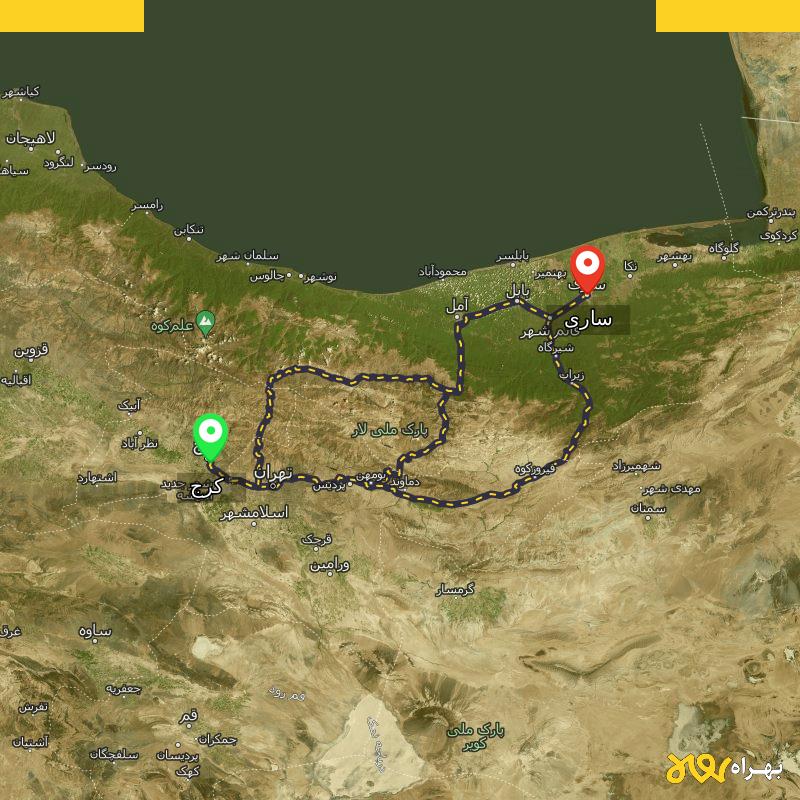مسافت و فاصله ساری تا کرج از ۳ مسیر - مرداد ۱۴۰۳