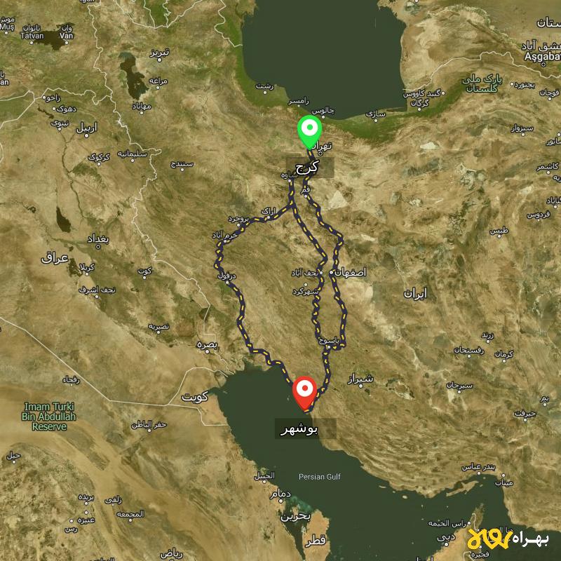 مسافت و فاصله بوشهر تا کرج از ۳ مسیر - مرداد ۱۴۰۳