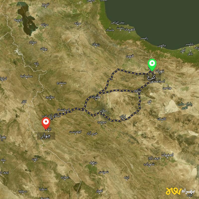 مسافت و فاصله چوار - ایلام تا کرج از ۳ مسیر - آذر ۱۴۰۳