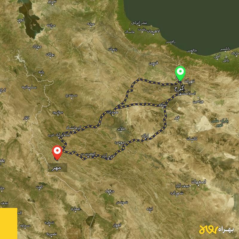 مسافت و فاصله مهر - ایلام تا کرج از ۳ مسیر - مرداد ۱۴۰۳