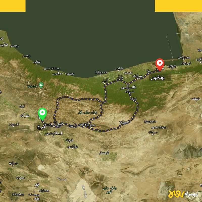 مسافت و فاصله بهشهر - مازندران تا کرج از ۳ مسیر - آذر ۱۴۰۳