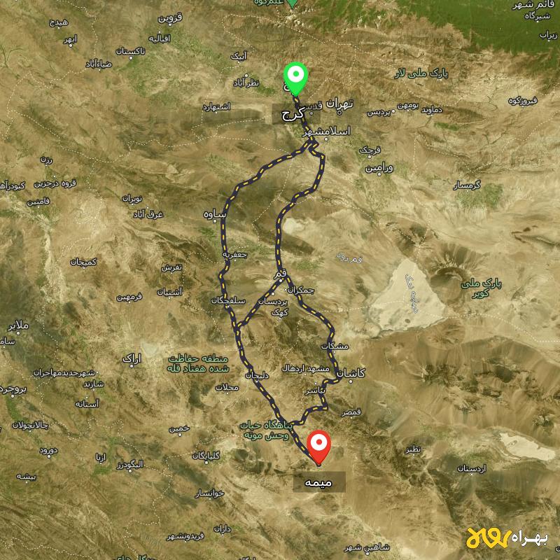 مسافت و فاصله میمه - اصفهان تا کرج از ۳ مسیر - آذر ۱۴۰۳