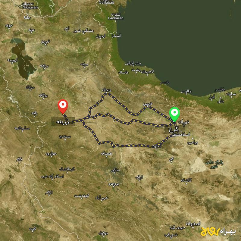 مسافت و فاصله زرینه - کردستان تا کرج از ۳ مسیر - مهر ۱۴۰۳