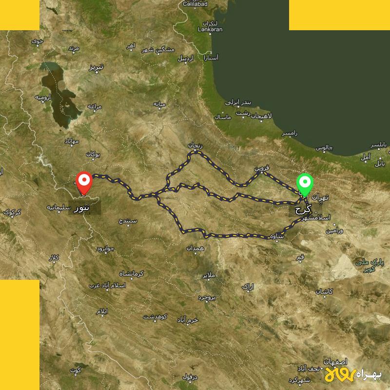 مسافت و فاصله ننور - کردستان تا کرج از ۳ مسیر - شهریور ۱۴۰۳