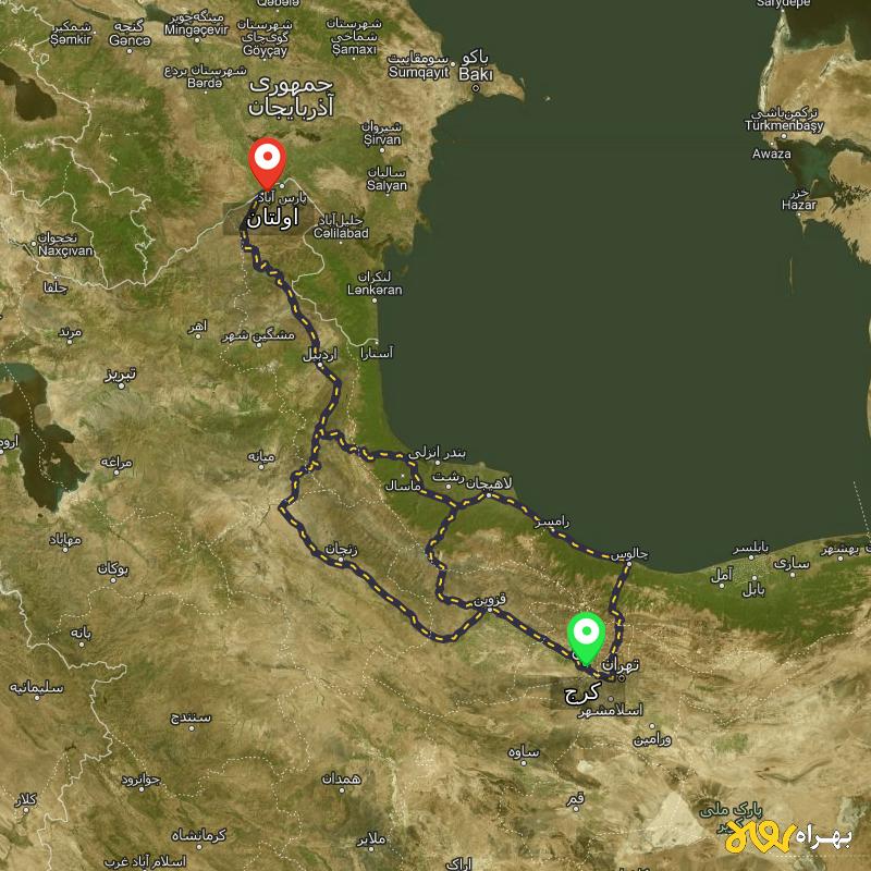 مسافت و فاصله اولتان - اردبیل تا کرج از ۳ مسیر - شهریور ۱۴۰۳