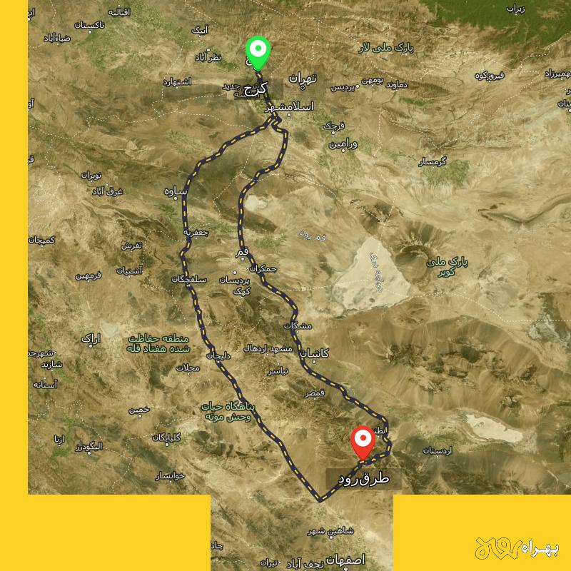 مسافت و فاصله طرق‌رود - اصفهان تا کرج از ۲ مسیر - بهمن ۱۴۰۳