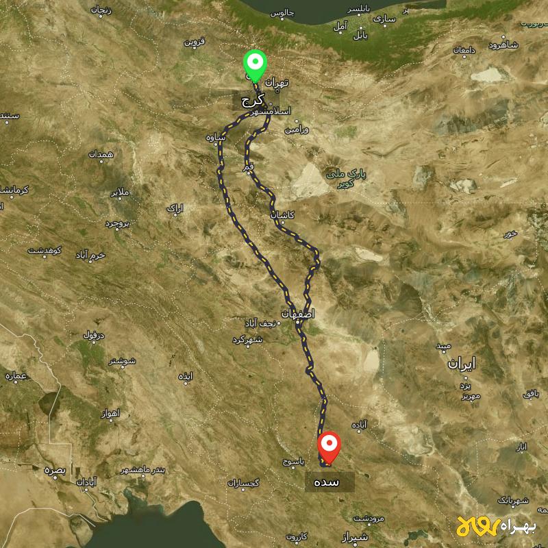 مسافت و فاصله سده - فارس تا کرج از ۲ مسیر - مرداد ۱۴۰۳