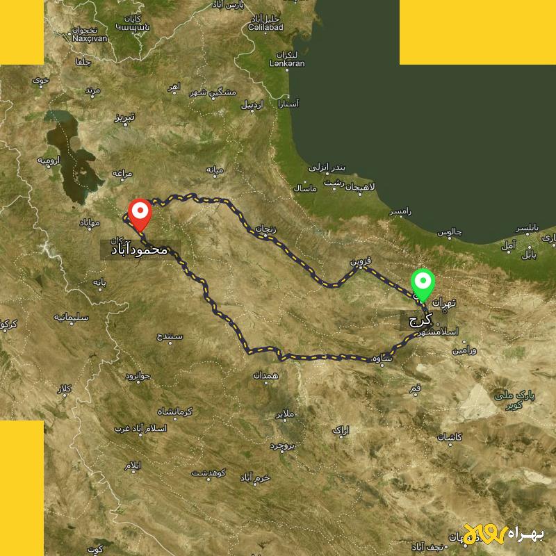 مسافت و فاصله محمودآباد - آذربایجان غربی تا کرج از ۲ مسیر - مرداد ۱۴۰۳