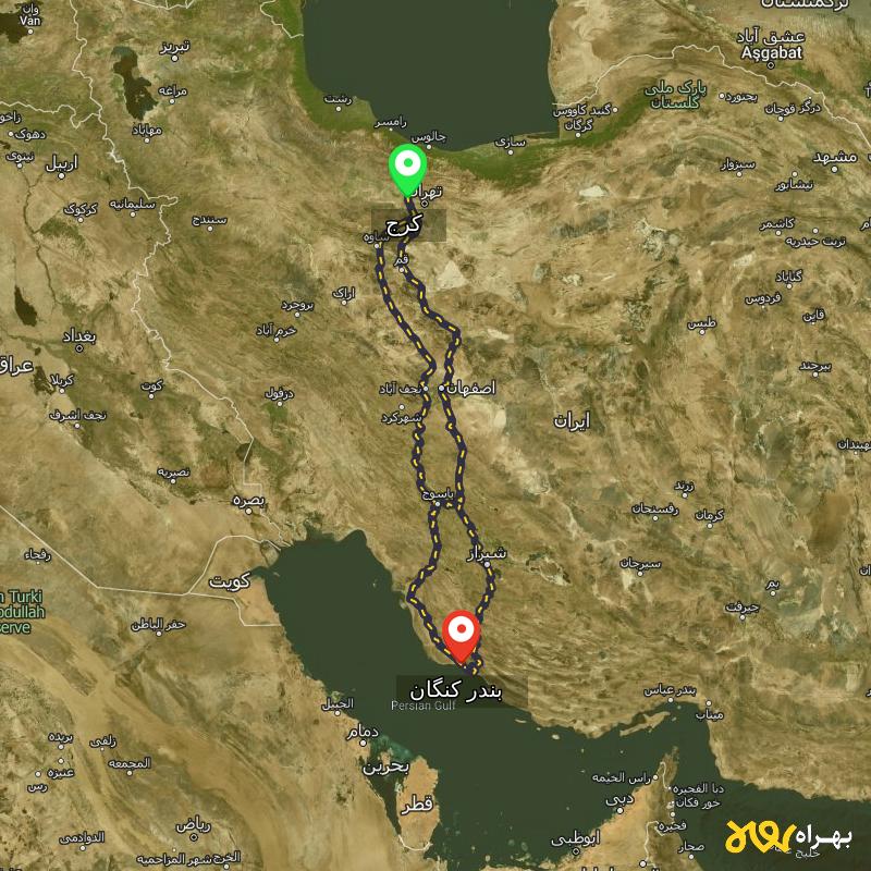 مسافت و فاصله بندر کنگان - بوشهر تا کرج از ۳ مسیر - بهمن ۱۴۰۳