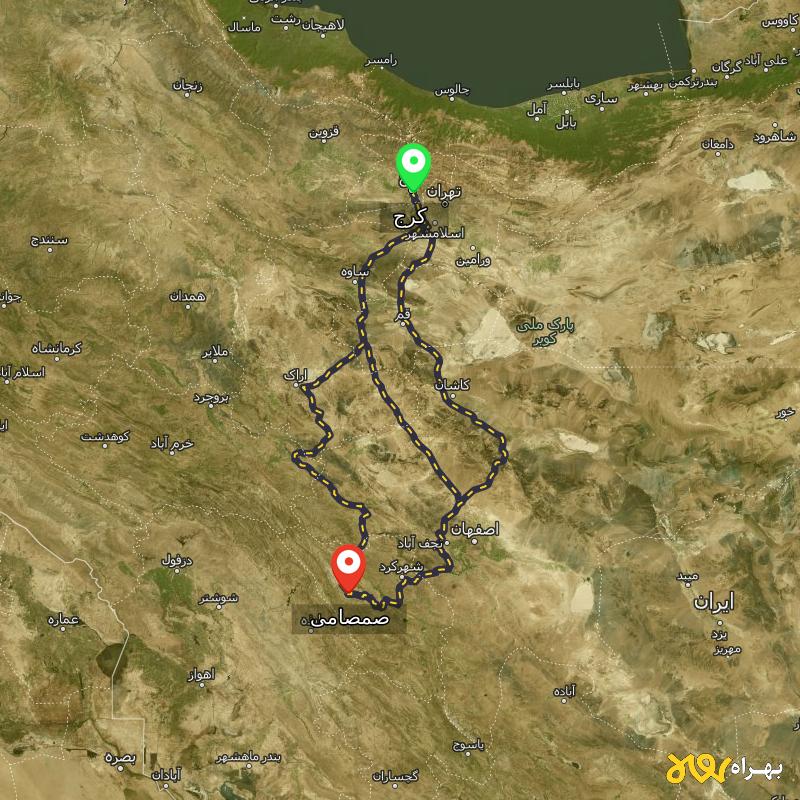 مسافت و فاصله صمصامی - چهارمحال و بختیاری تا کرج از ۳ مسیر - دی ۱۴۰۳