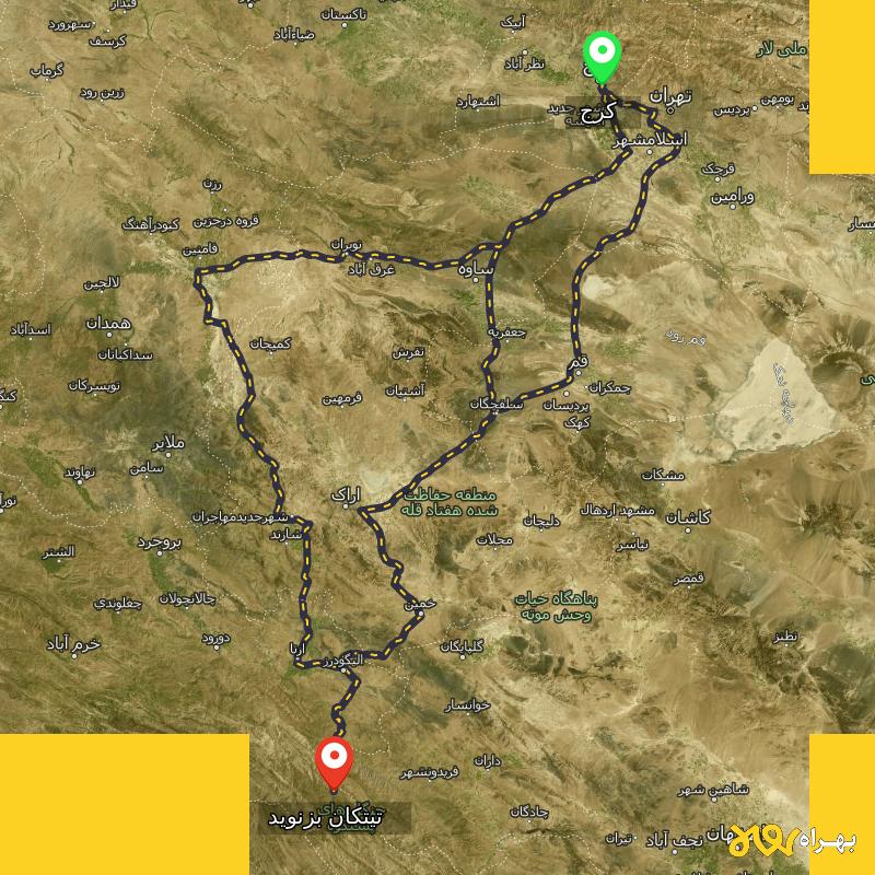 مسافت و فاصله تیتکان بزنوید - لرستان تا کرج از ۳ مسیر - شهریور ۱۴۰۳