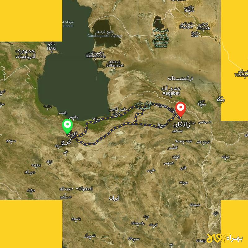 مسافت و فاصله رادکان - خراسان رضوی تا کرج از ۳ مسیر - شهریور ۱۴۰۳