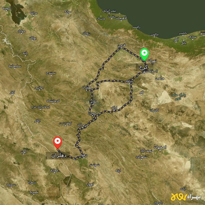 مسافت و فاصله دهلران - ایلام تا کرج از ۳ مسیر - آذر ۱۴۰۳