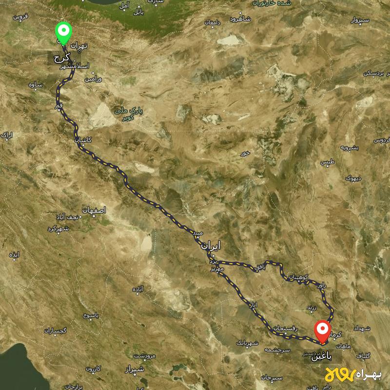 مسافت و فاصله باغین - کرمان تا کرج از ۲ مسیر - آذر ۱۴۰۳