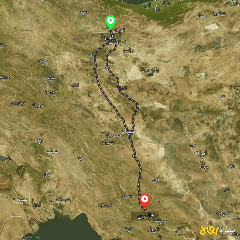 مسافت و فاصله خانمین - فارس تا کرج از ۲ مسیر - مهر ۱۴۰۳