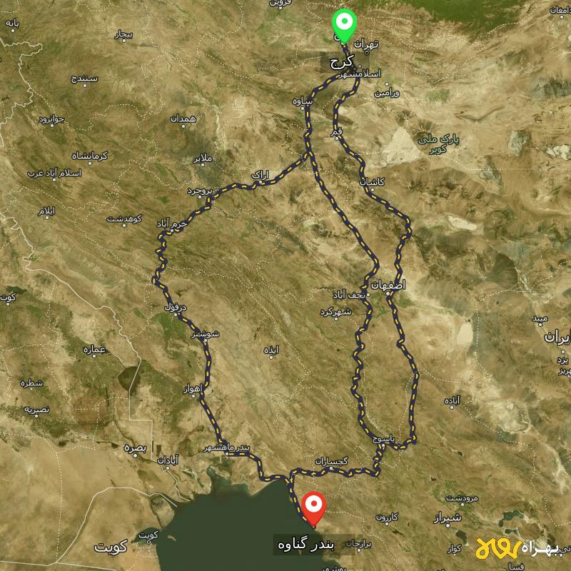 مسافت و فاصله بندر گناوه - بوشهر تا کرج از ۳ مسیر - آذر ۱۴۰۳