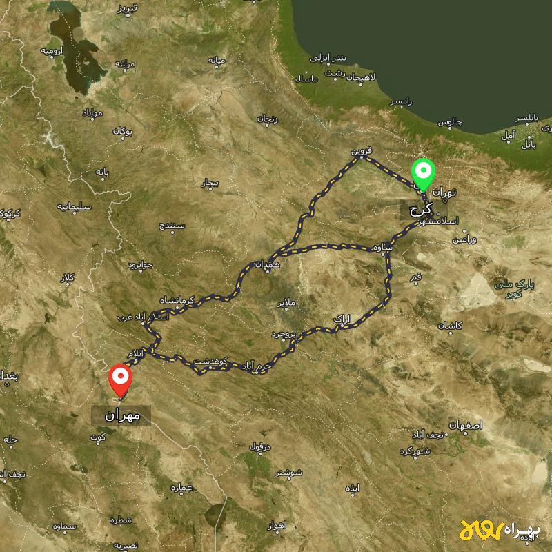 مسافت و فاصله مهران - ایلام تا کرج از ۳ مسیر - مهر ۱۴۰۳