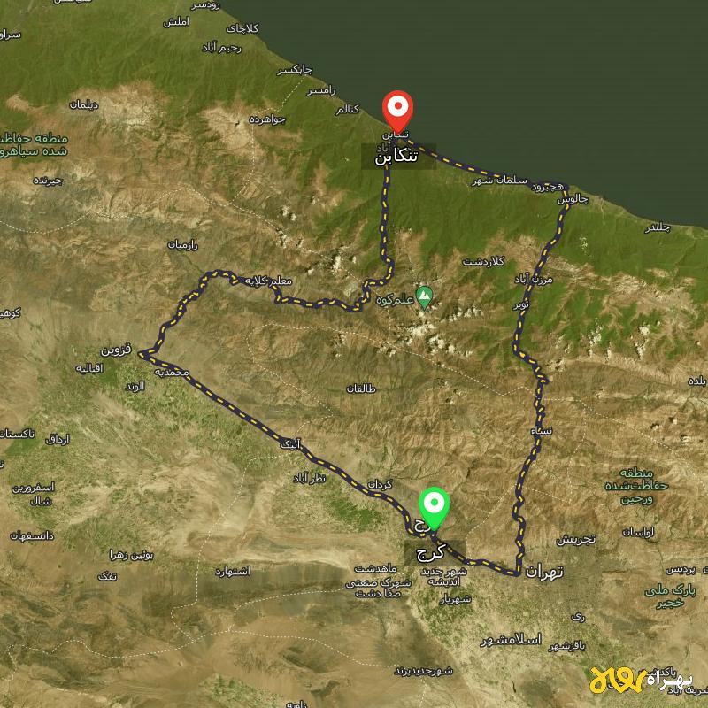 مسافت و فاصله تنکابن - مازندران تا کرج از ۲ مسیر - مرداد ۱۴۰۳