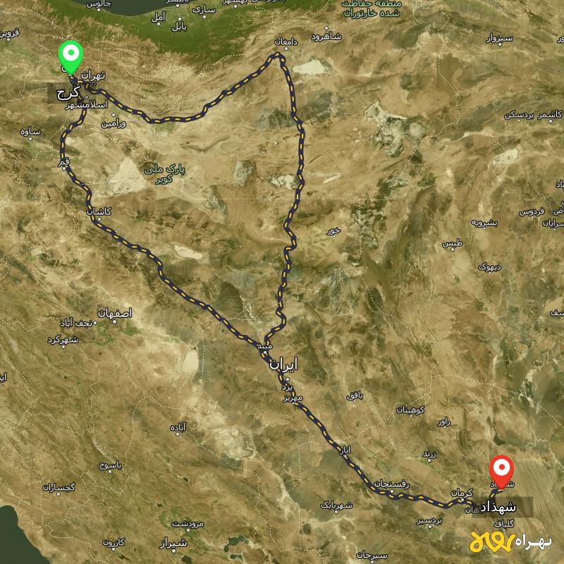 مسافت و فاصله شهداد - کرمان تا کرج از ۲ مسیر - دی ۱۴۰۳