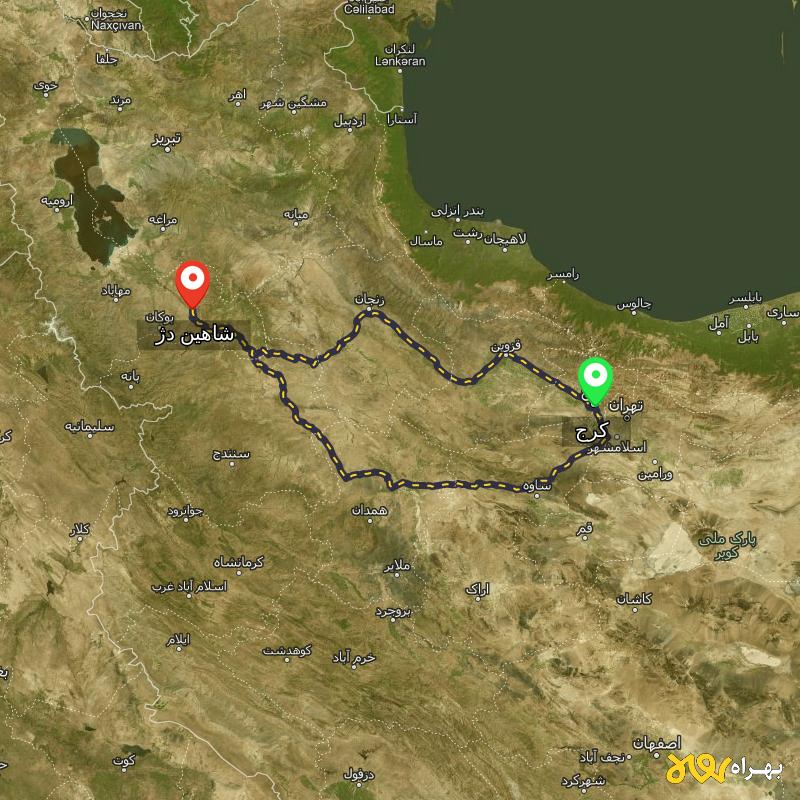 مسافت و فاصله شاهین دژ - آذربایجان غربی تا کرج از ۲ مسیر - دی ۱۴۰۳