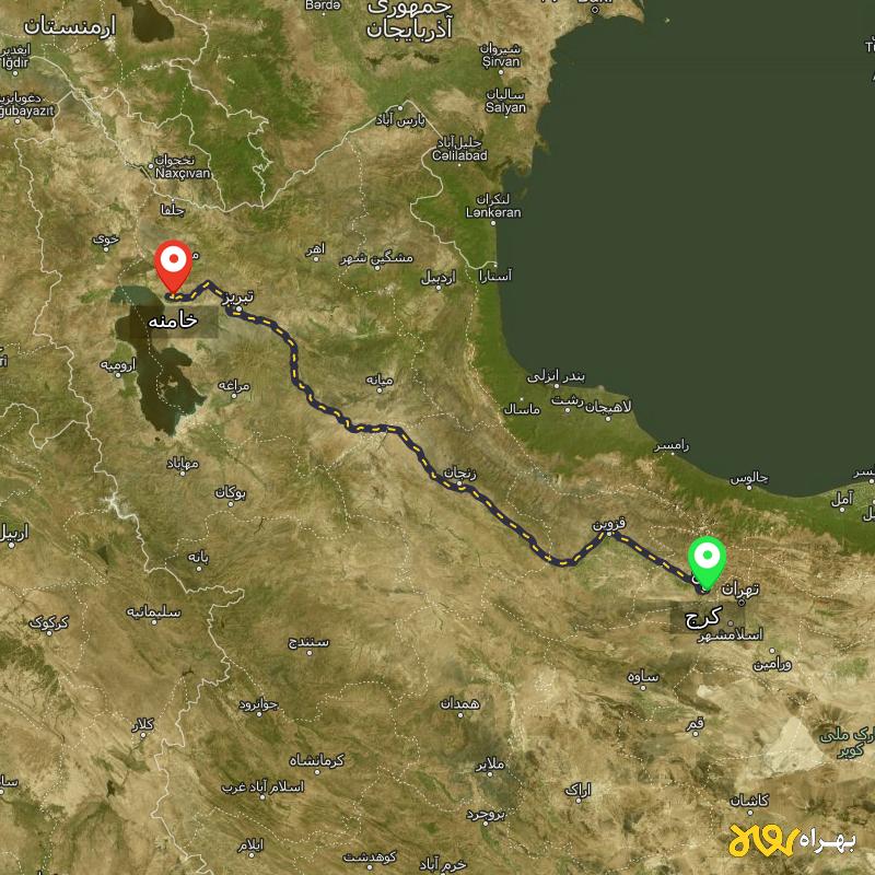مسافت و فاصله خامنه - آذربایجان شرقی تا کرج - آذر ۱۴۰۳