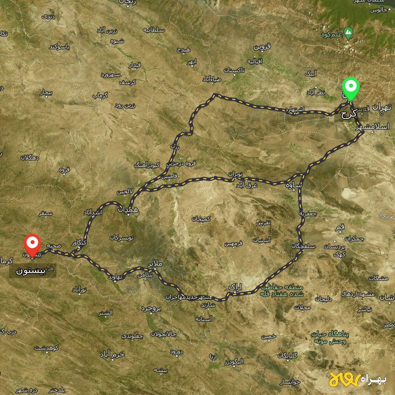 مسافت و فاصله بیستون - کرمانشاه تا کرج از ۳ مسیر - مرداد ۱۴۰۳