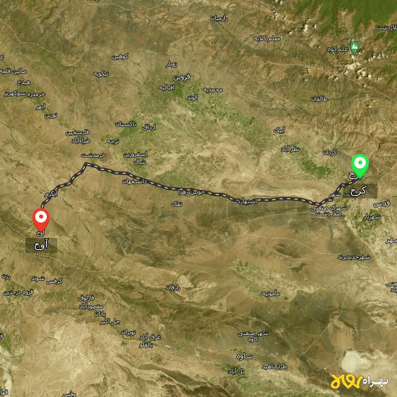 مسافت و فاصله آوج - قزوین تا کرج - مرداد ۱۴۰۳