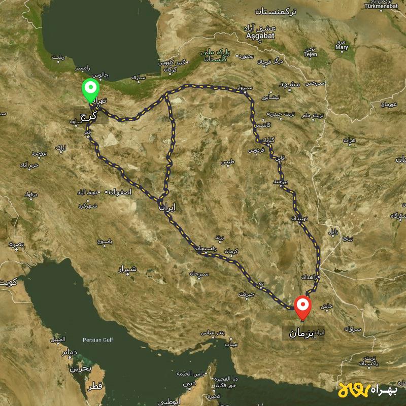مسافت و فاصله بزمان - سیستان و بلوچستان تا کرج از ۳ مسیر - مرداد ۱۴۰۳