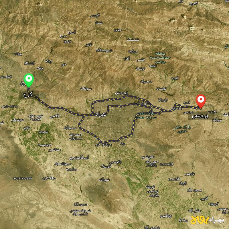 مسافت و فاصله پردیس - تهران تا کرج از ۳ مسیر - مرداد ۱۴۰۳