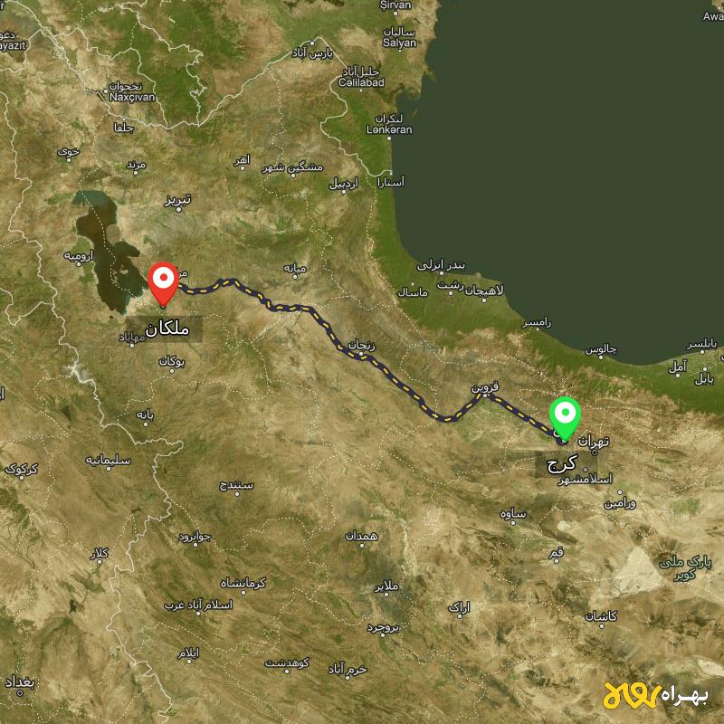 مسافت و فاصله ملکان - آذربایجان شرقی تا کرج - مرداد ۱۴۰۳