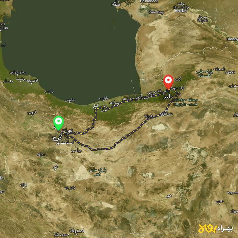 مسافت و فاصله دلند - گلستان تا کرج از ۲ مسیر - دی ۱۴۰۳