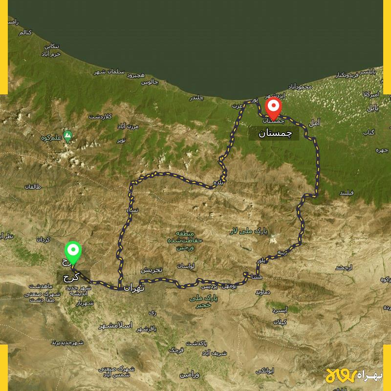 مسافت و فاصله چمستان - مازندران تا کرج از ۲ مسیر - اردیبهشت ۱۴۰۳