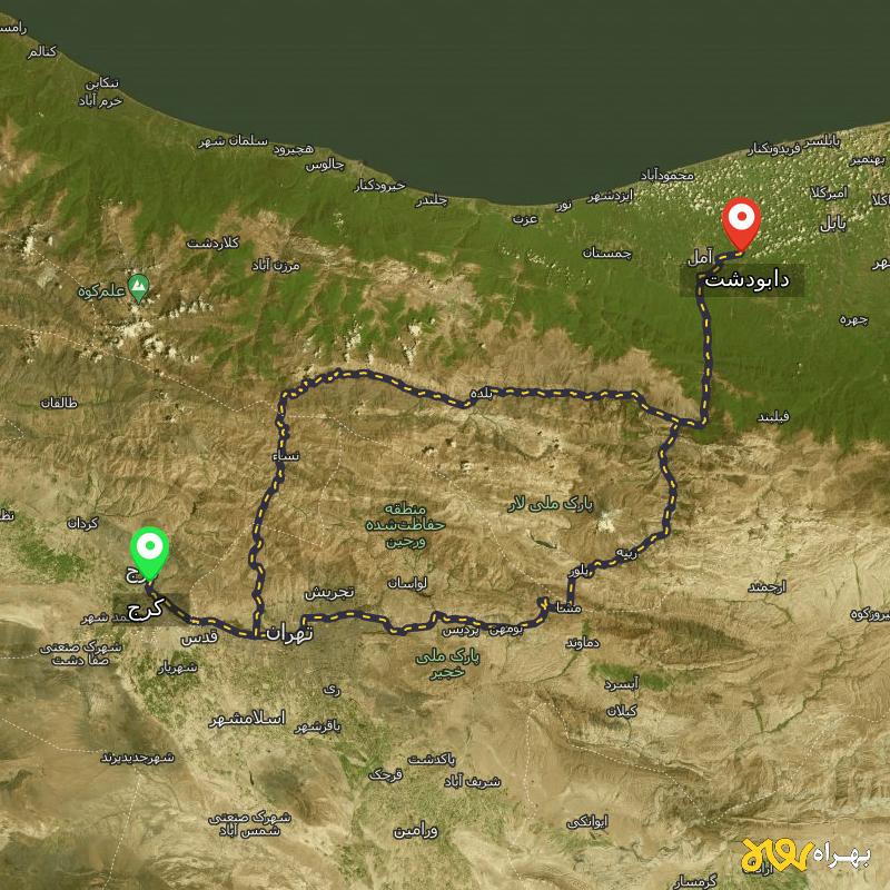 مسافت و فاصله دابودشت - مازندران تا کرج از ۲ مسیر - مهر ۱۴۰۳