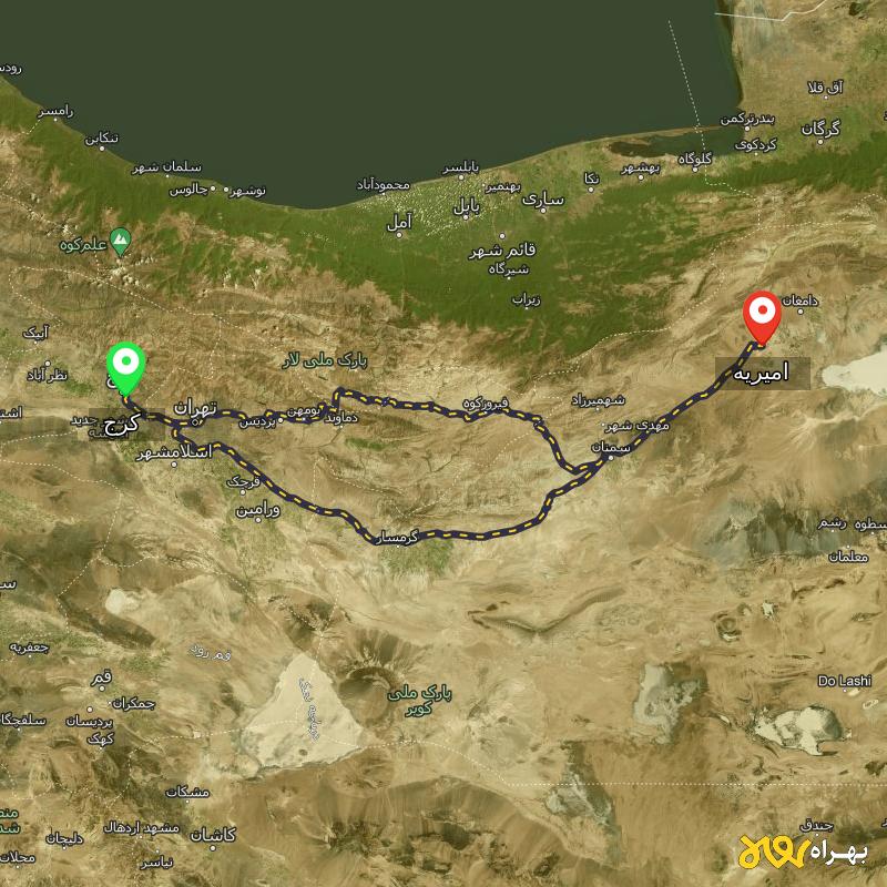 مسافت و فاصله امیریه - سمنان تا کرج از ۲ مسیر - مرداد ۱۴۰۳