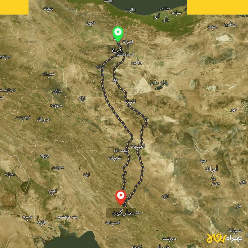 مسافت و فاصله مارگون - کهگیلویه و بویر احمد تا کرج از ۲ مسیر - آبان ۱۴۰۳