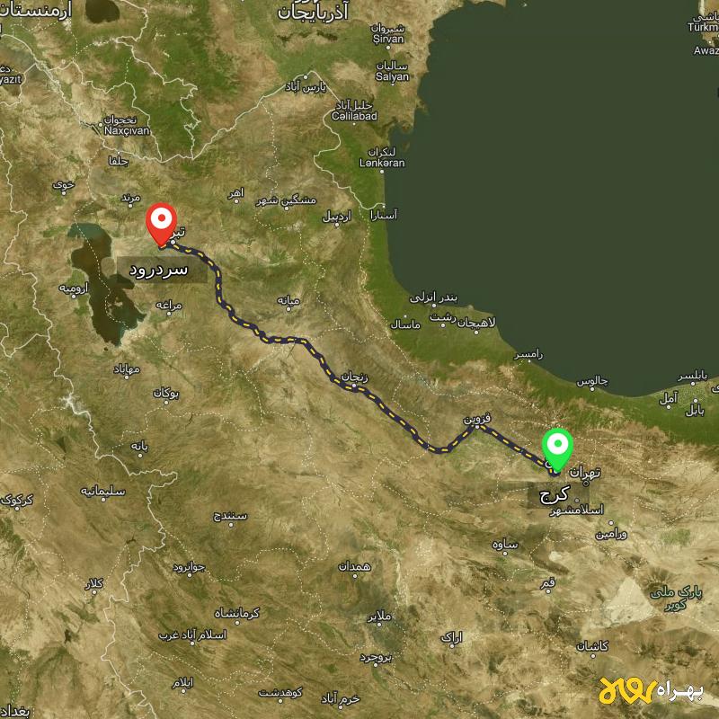 مسافت و فاصله سردرود - آذربایجان شرقی تا کرج - مرداد ۱۴۰۳