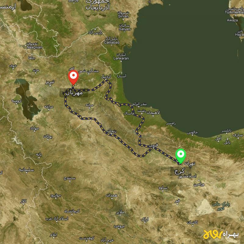 مسافت و فاصله مهربان - آذربایجان شرقی تا کرج از ۲ مسیر - شهریور ۱۴۰۳