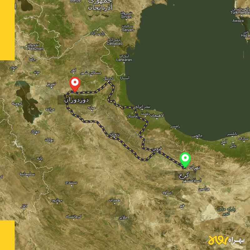 مسافت و فاصله دوزدوزان - آذربایجان شرقی تا کرج از ۲ مسیر - مرداد ۱۴۰۳