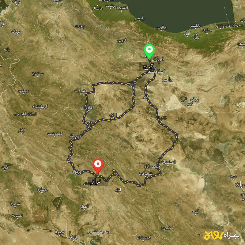 مسافت و فاصله تراز - خوزستان تا کرج از ۳ مسیر - بهمن ۱۴۰۳